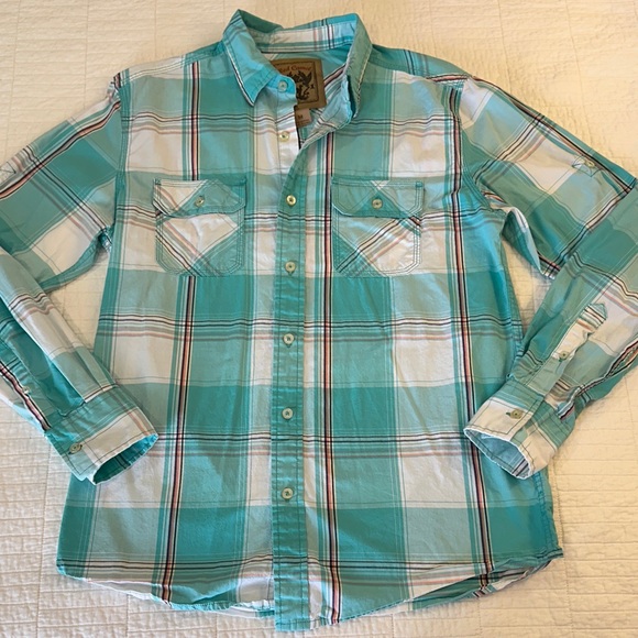 Red Camel Medium Southern Charm Button Down Aqua Plaid EUC - Picture 3 of 7